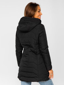 Czarna długa pikowana kurtka damska zimowa z kapturem Denley 7055