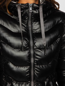 Czarna długa pikowana kurtka damska zimowa z kapturem Denley 7074