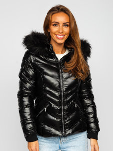 Czarna pikowana kurtka damska zimowa z kapturem Denley 23068