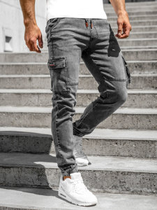 Czarne spodnie jeansowe joggery bojówki męskie Denley HY885