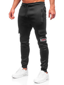 Czarno-czerwone ocieplane bojówki spodnie męskie joggery dresowe Denley HW2202