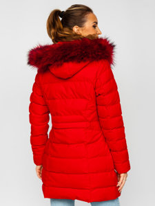 Czerwona długa pikowana kurtka damska zimowa z kapturem Denley 16M9061