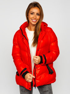 Czerwona pikowana kurtka damska zimowa z kapturem Denley 23065