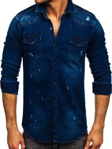 Granatowa koszula męska jeansowa z długim rękawem Denley R702