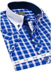 Koszula męska elegancka w kratę z krótkim rękawem chabrowa Bolf 5531