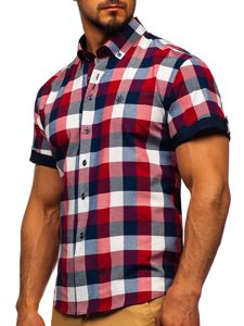 Koszula męska w kratę z krótkim rękawem bordowa Bolf 5532