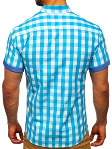 Koszula męska w kratę z krótkim rękawem turkusowa Bolf 6522