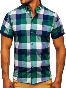 Koszula męska w kratę z krótkim rękawem zielona Bolf 5532-1