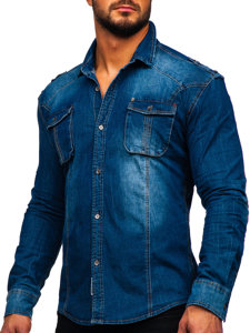 Niebieska koszula męska jeansowa z długim rękawem Denley MC701B