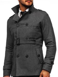 Szary płaszcz dwurzędowy z paskiem męski zimowy z wysokim kołnierzem Denley 0009